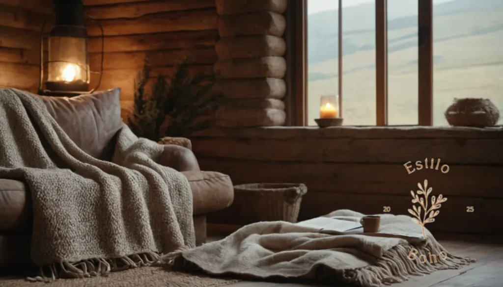 Mantas Boho con Animales Estampados: Una sala de estar acogedora y rústica con una gran manta de tute.