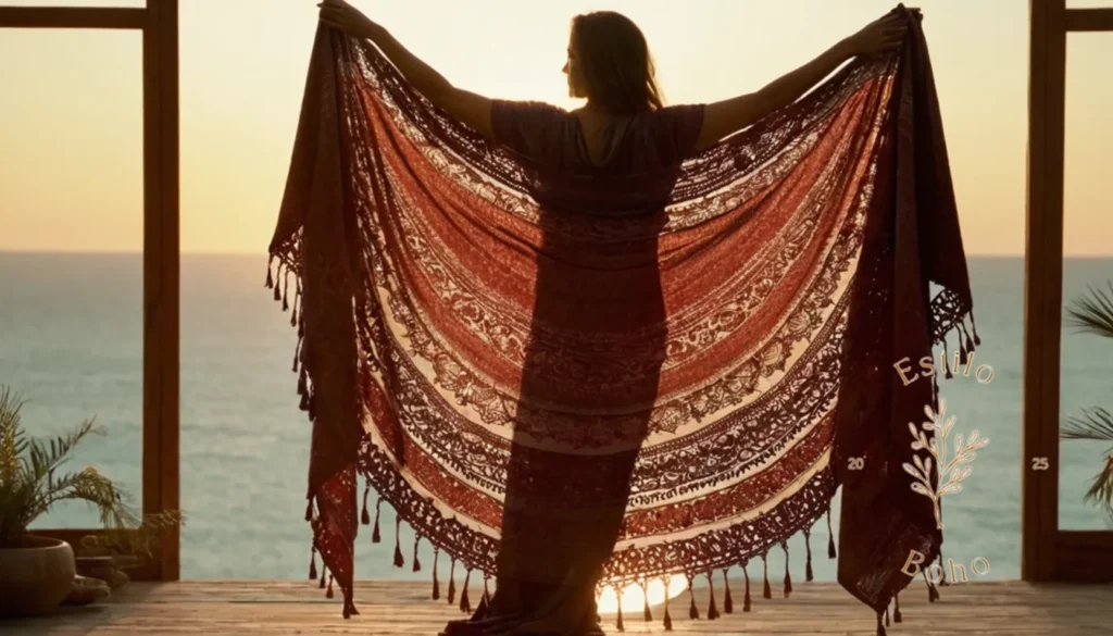 Colchas de jacquard cósmicas: Un chal bohemio y degradado envuelto en un fondo elegante.