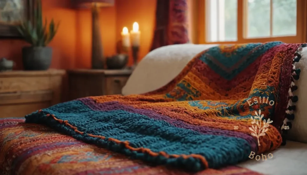 Mantas eco amigos colchas bohemian: Una manta de lanza de estilo manta inspirada en Bohemia sobre un fondo colorido.