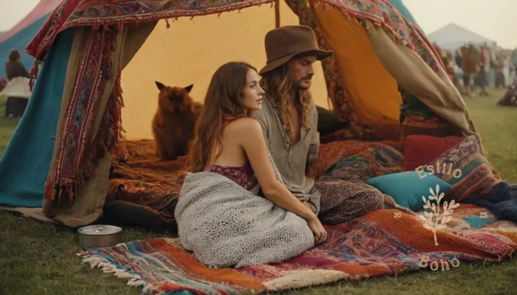Plantas trepadoras aéreas purificadoras jardín: Los asistentes al festival bohemio relajados rodeados de coloridas mantas y carpas estampadas.