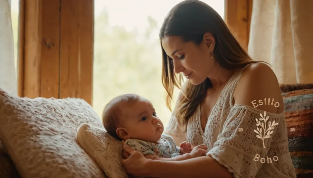 Colchas bohemias manualidades española: Adorable bebé y madre con luz cálida y natural inspirada en bohemia.