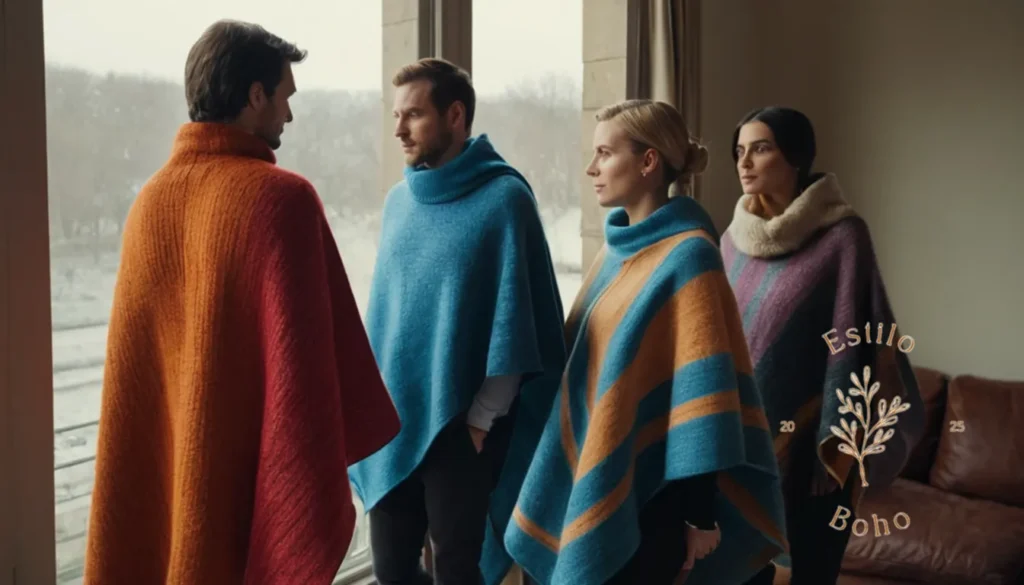 Mantas boho estilo: 3 o más personas elegantes con ponchos de lana suaves y coloridos.