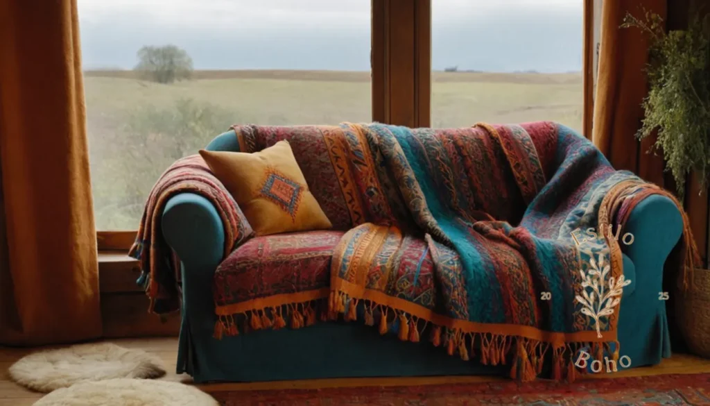 Colchas geométricas bohemias para cama: Un sofá de estilo bohemio con mantas de lana reutilizadas.