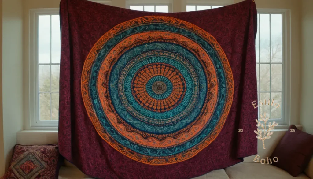 Mantas de lujo impermeables exteriores: Una colorida manta inspirada en el mandala cubría un fondo sereno.