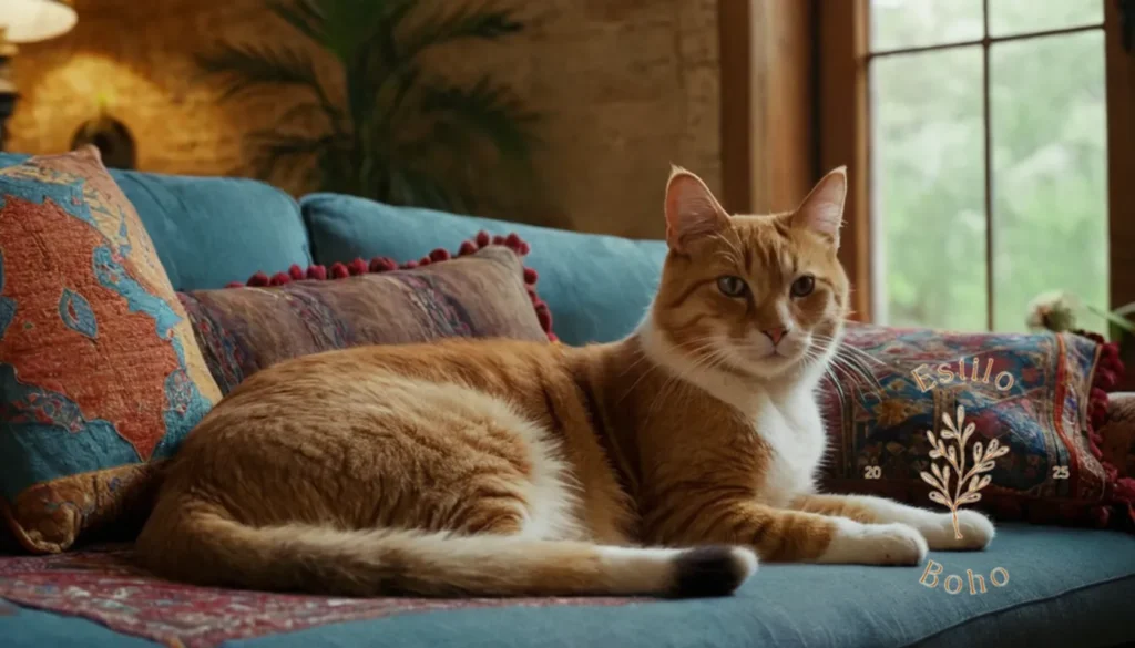 Colchas Bohemias de Calidad: Una mascota relajada descansando en un sofá inspirado en bohemio.