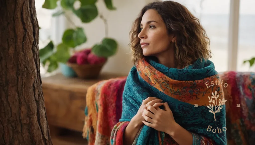 Mantas Boho Lana Gruesa Invierno: Una mujer abrazando un árbol en medio de una colorida manta bohemia.