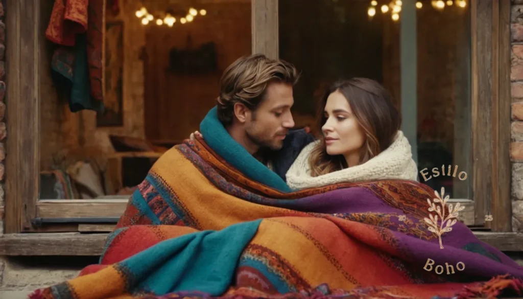 Mantas geométricas bohemias: 2 parejas elegantes se acurrucaron bajo coloridos lanzamientos bohemios afuera.