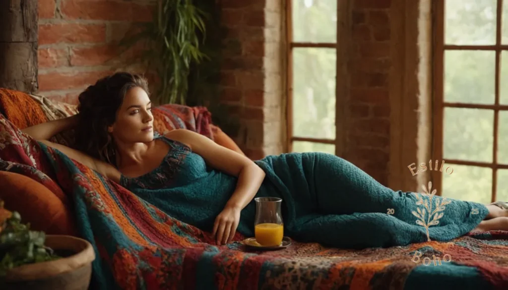 Colchas de Seda de Lujo BoHo: Una mujer elegante descansando sobre una manta bohemia suave y colorida.