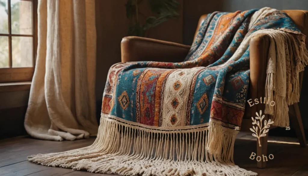Mantas de Lana Merino Bohemio: Una manta de lanzamiento de estilo bohemio con franjas largas.