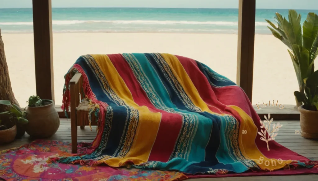 Colchas de terciopelo bohemio invernal: Una colorida manta de playa o un lanzamiento bohemio en una superficie tropical.