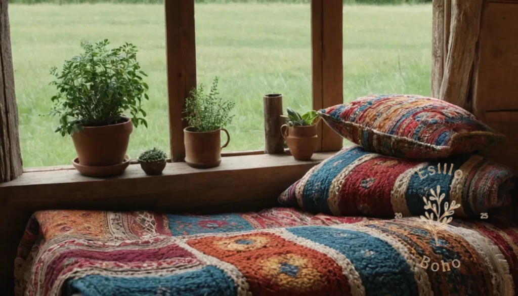 Mantas Bohemias Artesanales Únicas: 3 mantas de inspiración bohemia en un exterior rústico de la casa de campo.