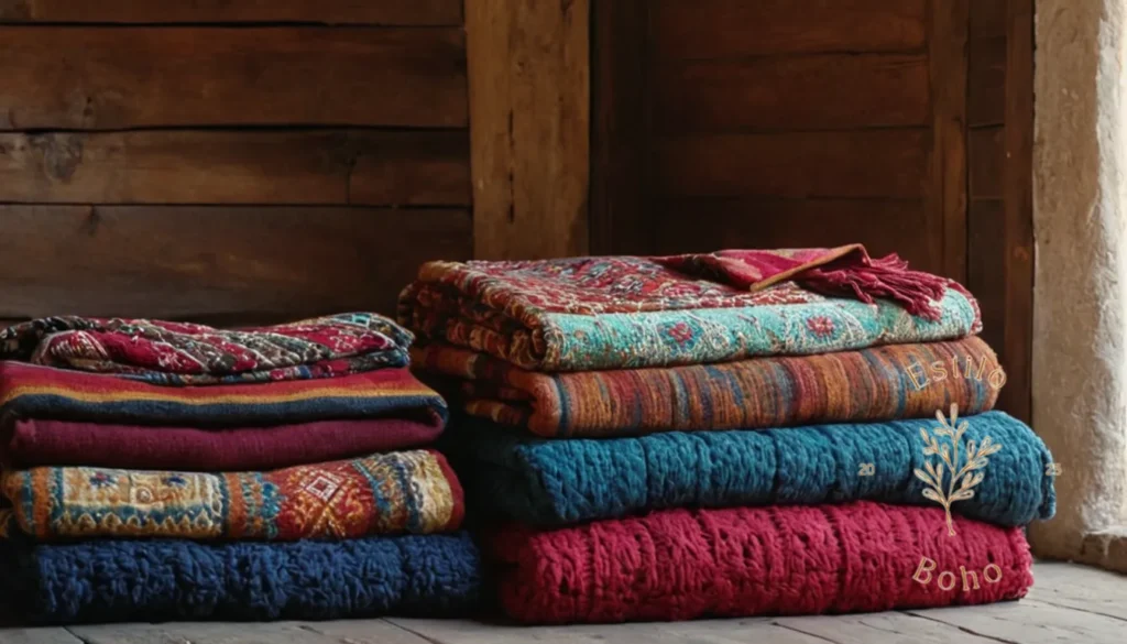 Colchas con letras bordadas personalizadas: 8-10 mantas españolas vibrantes inspiradas en Boho en un fondo rústico.