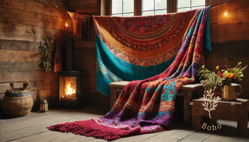 Decorar estilo Bohemia con manta a rayas: 3 coloridas mantas o tapices bohemios en un fondo rústico.