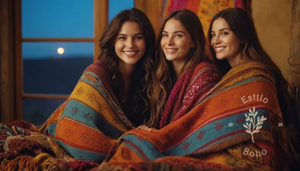 Mantas bohemias con flores y paisaje: Mujeres relajadas que sostienen coloridas mantas de estilo bohemio y sonriendo.