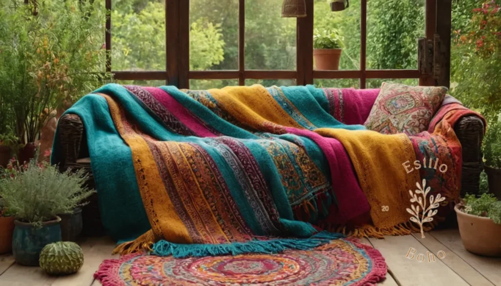 Tiendas de Bohemian en Línea: Un elegante jardín bohemio con coloridas mantas merino utilizadas artísticamente.