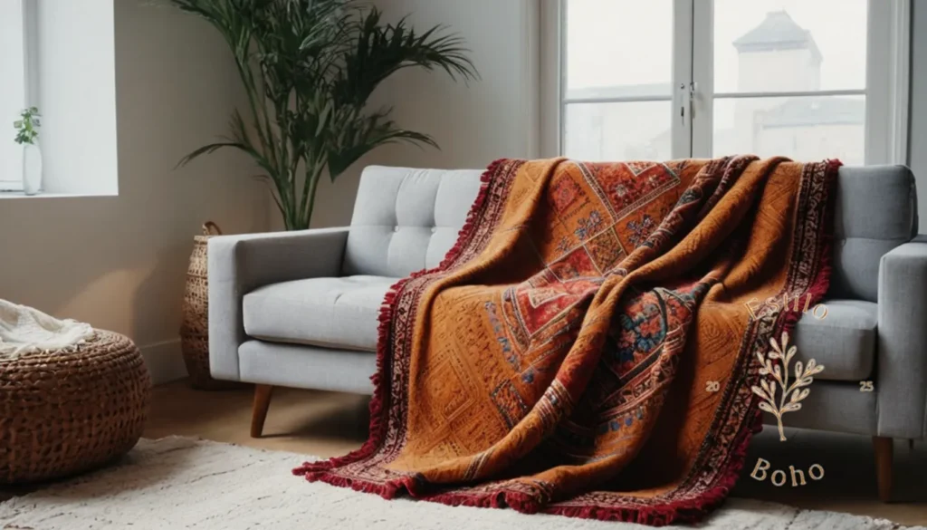 Colchas bohemias boho chic para bodas: Una elegante manta bohemia en un sofá de moda.