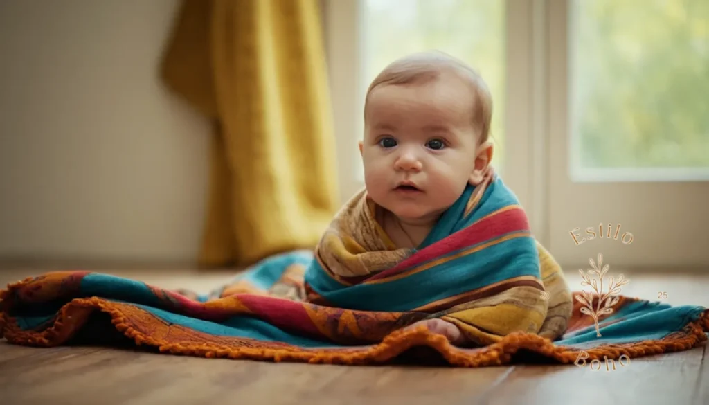 Fundas de estilo Boho para sofás.: Un bebé sereno envuelto firmemente en una colorida manta bohemia.