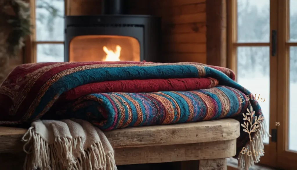 Mantas boho fotográficas: La manta bohemia perfectamente drapeada en un acogedor fondo de invierno sin esfuerzo.