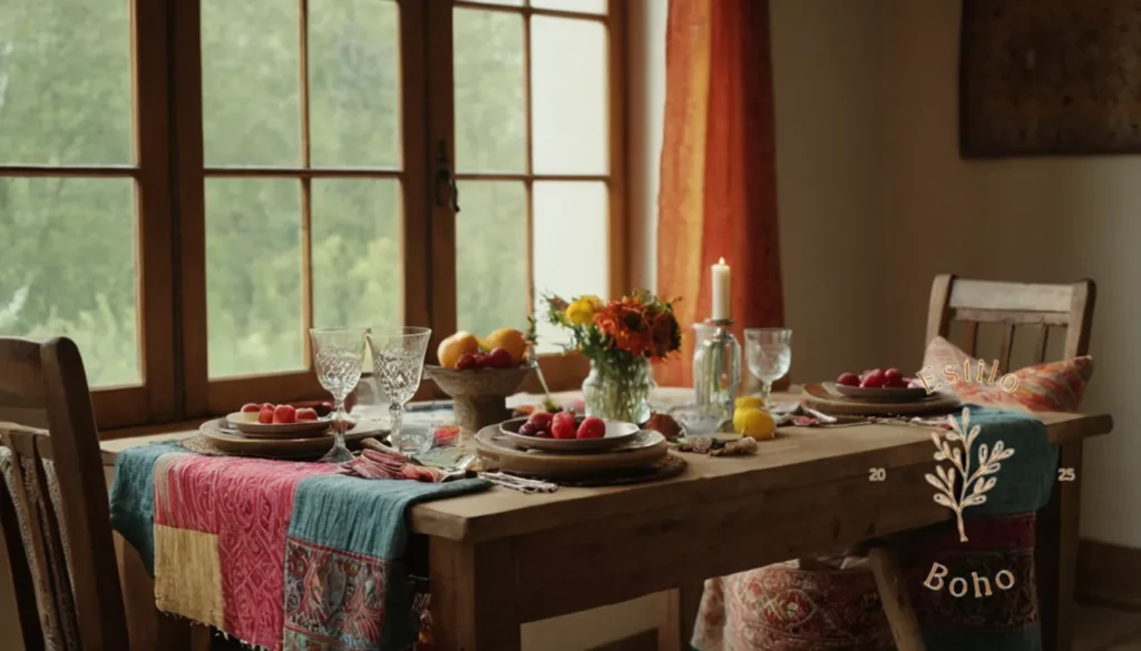 Impresos digitales en algodón ecológico suave.: Una mesa relajada de inspiración bohemia con textiles y telas coloridas.