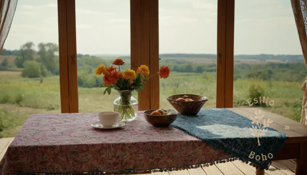 Boho Telas Organicas Algodonadas: 3-4 elegantes manteles bohemios cubiertos sobre una sola mesa de madera.