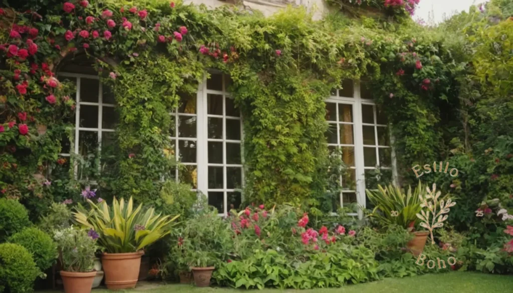 Jardín vertical bohemio maceteros trepadoras: Un exuberante y desbordante jardín bohemio con plantas trepadoras.