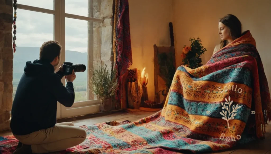Boho patchwork colchones únicos: Un fotógrafo disparando modelos envueltos en coloridas mantas bohemias.