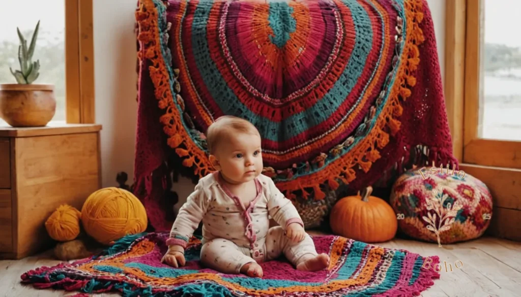 Mantas de Lana Merino Boho Jardín: Colorida manta de manta bohemia bebé con texturas lúdicas.