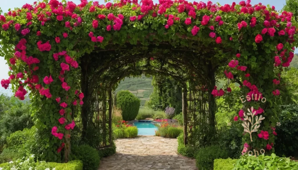 Jardinería Bohemia con Plantas Trepedeñas: Un enrejado vibrante y floreciente cubierto de vínculos exuberantes y flores.