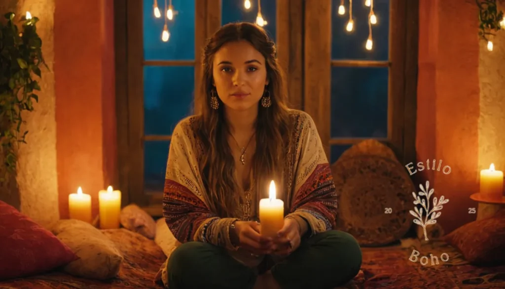 Iluminación Bohemia y Estado Anímico: Una persona bohemia sentada frente a un colorido fondo a la luz de las velas.