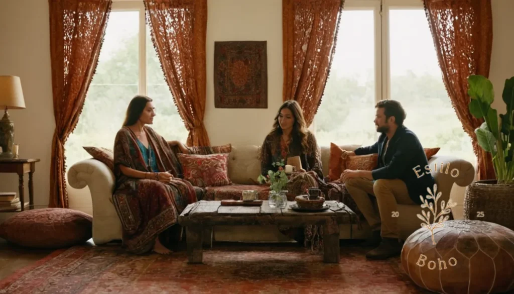 Decorar Boho sin Malas Texturas: 2 personas que mezclan textiles bohemios con elegante arreglo de sala de estar.