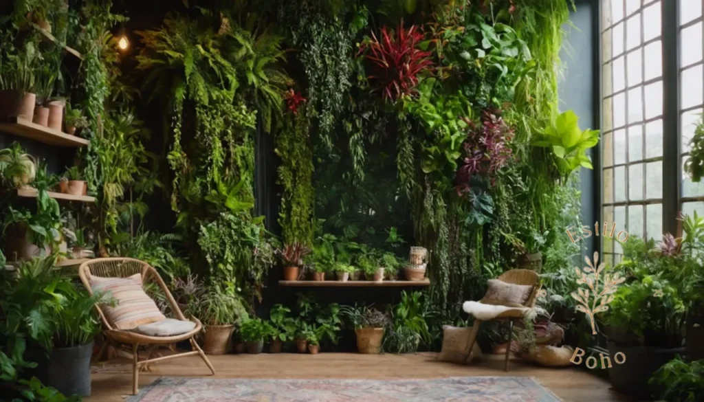 Combinar plantas trepadoras en jardines bohemios: Un exuberante y vibrante jardín vertical en un entorno de inspiración bohemia.