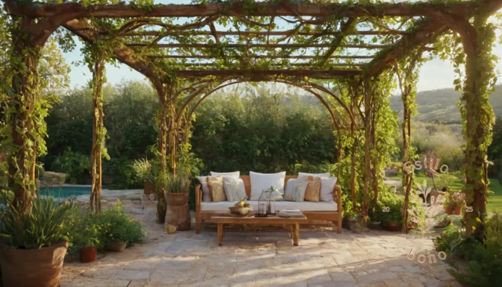 Jardines Bohemios Fáciles y Plaga Libre: 4 viñas entrelazadas alrededor de una pérgola artística de jardín bohemio.