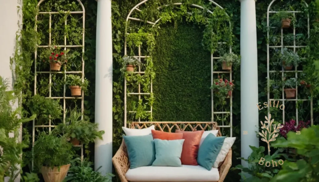 Tutoriales para instalar regaderos: Un exuberante jardín vertical de estilo bohemio con enrejados y vegetación.