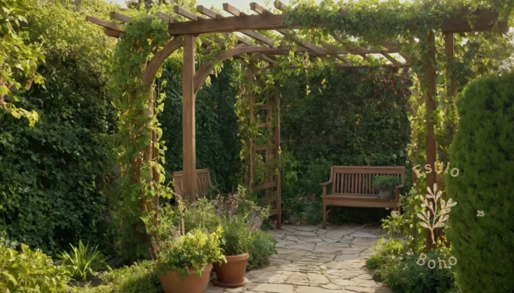 Guía de cuidados plantas trepadoras jardines bohemios: Las vínculos exuberantes de estilo bohemio cubrían un enrejado o cenador de madera.
