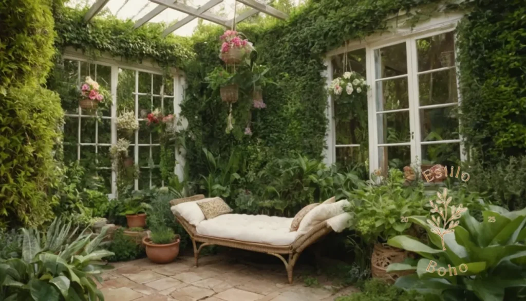 Plantas trepadoras para jardines bohemios compactos: Un exuberante jardín con flores enrejados y una decoración bohemia.