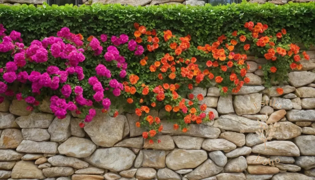 Vid Rambutas Boho: 3 flores trepadas vibrantes y florecientes entrelazadas sobre un muro de piedra natural.