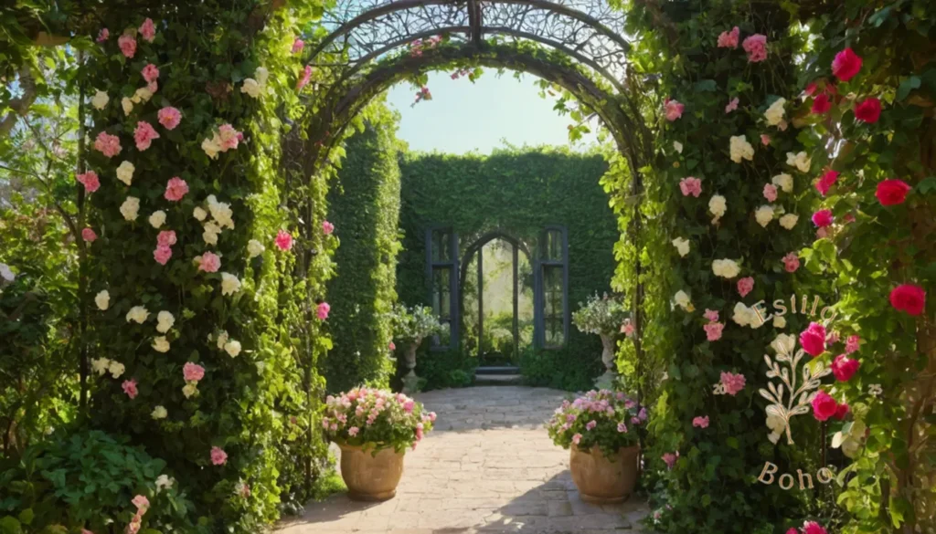Jardines Bohemios Verticales Trepadoras: 3-4 enrejados exuberantes con vides de floración exótica.