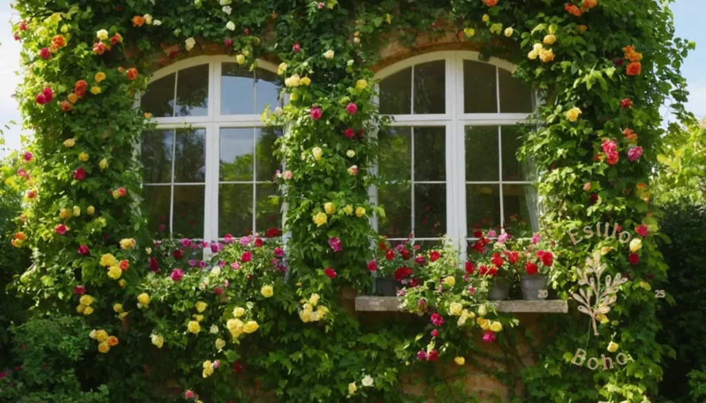 Plantas Trepatroríficas Seícas Bohemio: 3 vides o plantas trepadoras que crecen en un jardín exuberante y colorido.