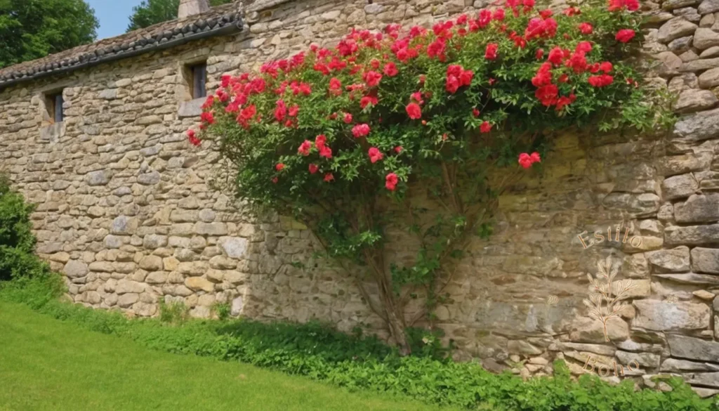 Plantas Trepadoras para Jardín Boho: Vibrantes plantas con flores que trepan por una vieja pared de piedra.