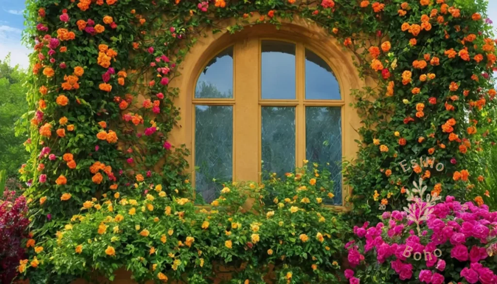 Plantas para Jardines Bohemios: Vibrantes y exuberantes enrejados cubiertos de plantas y flores trepadoras.