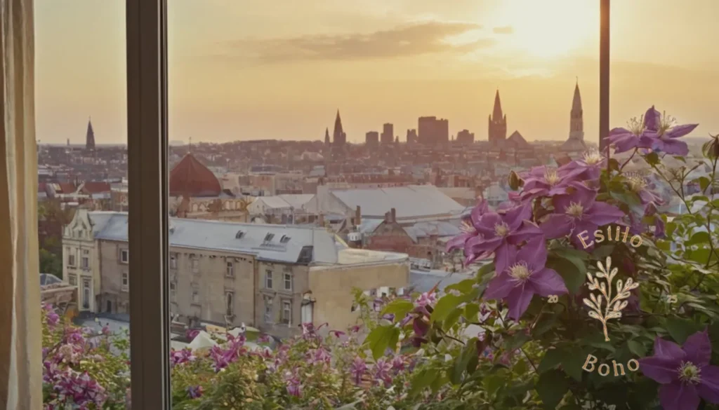 Fiebres Verdes Orgánicas: Una hermosa clematis floreciente contra un fondo de paisaje urbano de inspiración bohemia.