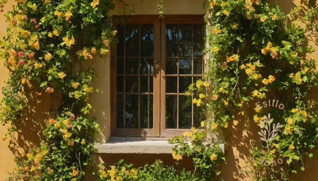 Jardines Bohemios Tropicales Intimos: Vibrantes y florecientes enredaderas que prosperan con la cálida luz del sol y el follaje tropical.