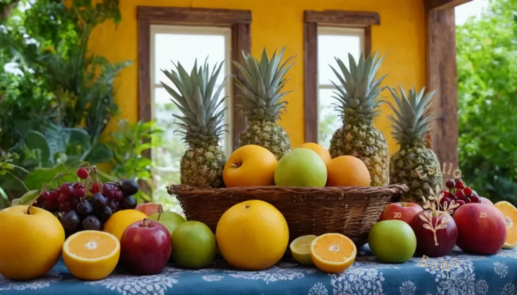 Plantas enramadas con flores aromaticas: frutas vibrantes y comestibles en un colorido telón de fondo de jardín al aire libre de inspiración bohemia.