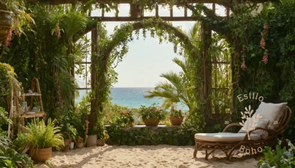 Crear Jardines Bohemios Trepadores: Un jardín de playa de estilo bohemio con enredaderas exuberantes y en cascada.