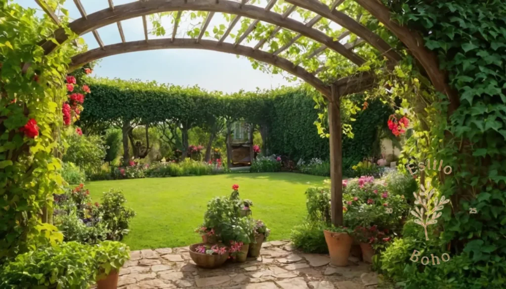 Plantas Trepadoras Bohemios Costa: Un exuberante y colorido jardín con enrejados y enredaderas rústicas.