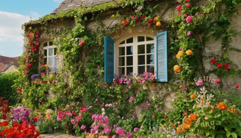 árboles trepadores para sombrear jardines: Un jardín vibrante con vides trepadoras y flores coloridas al estilo bohemio.
