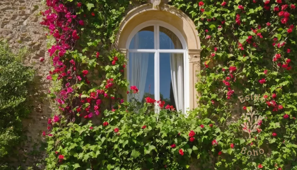Diseño Jardín Bohemio Trepadora: Un jardín vibrante y caprichoso con coloridas vides trepadoras.