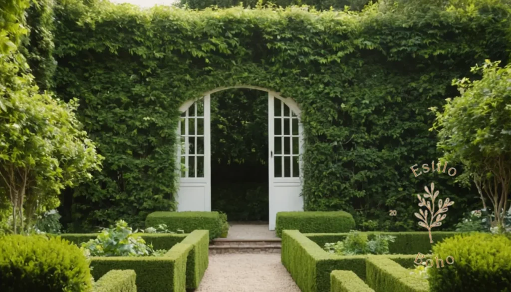 Plantas trepadoras bohemias exuberantes: Un jardín al aire libre vibrante y cubierto de enrejados exuberantes.