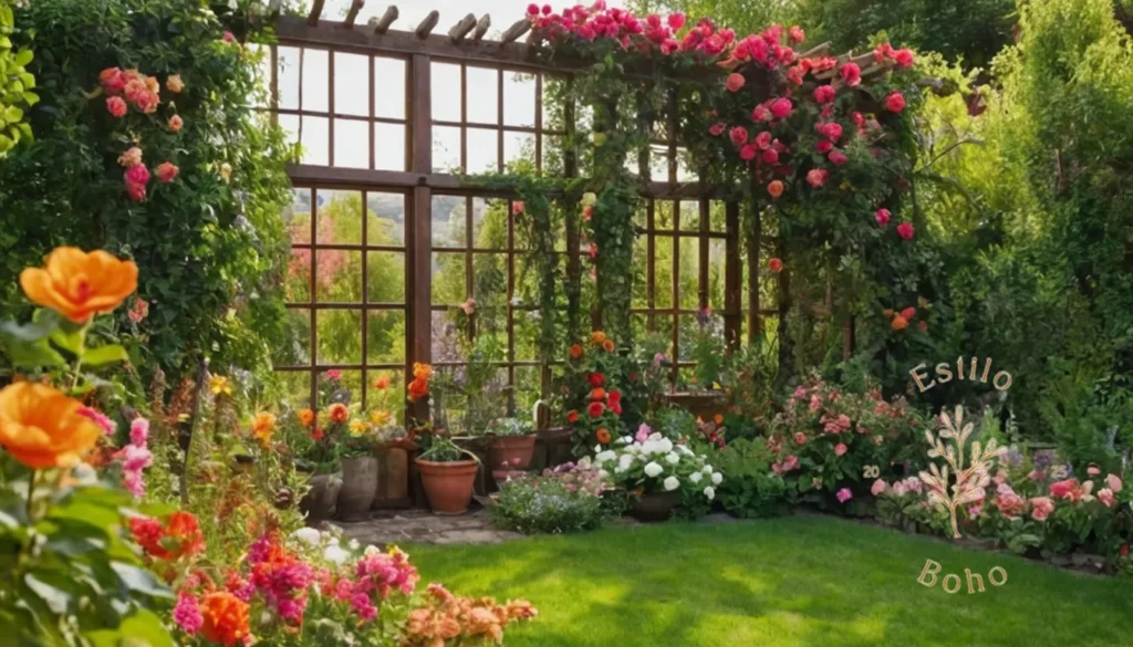 Crear Jardines Bohemios con Plantas Trepadoras: Un vibrante jardín bohemio con enrejados y flores coloridas.