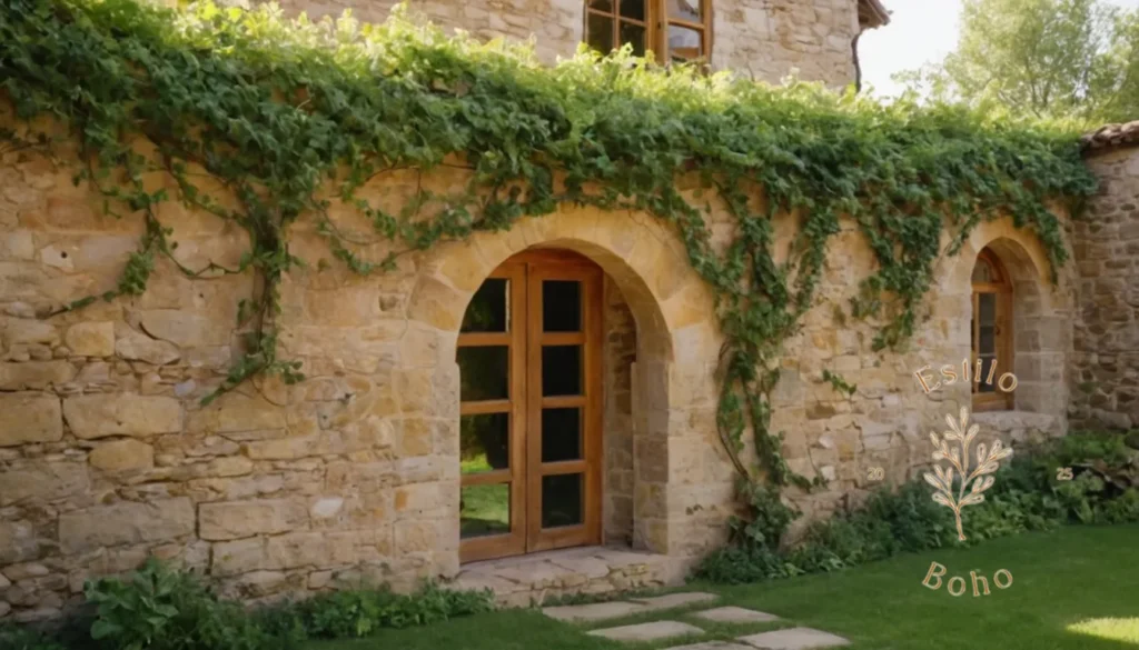 Plantas exóticas tómanas jardín bohemiño: Las vides de jardín al estilo boho se arrastran a través de muros de piedra rústicos.